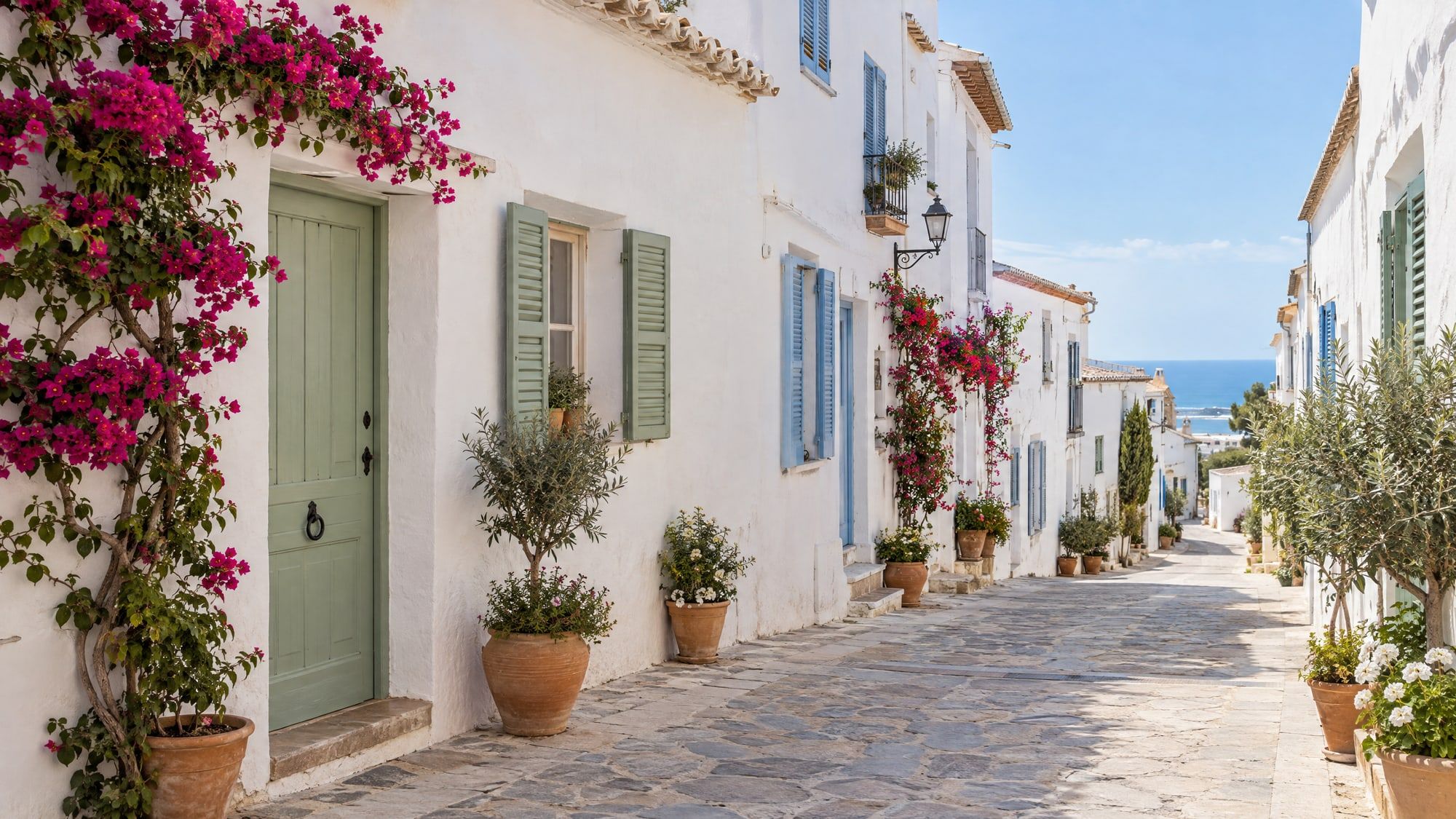 Calle mediterránea de casas encaladas con contraventanas de colores y macetas en la puerta
