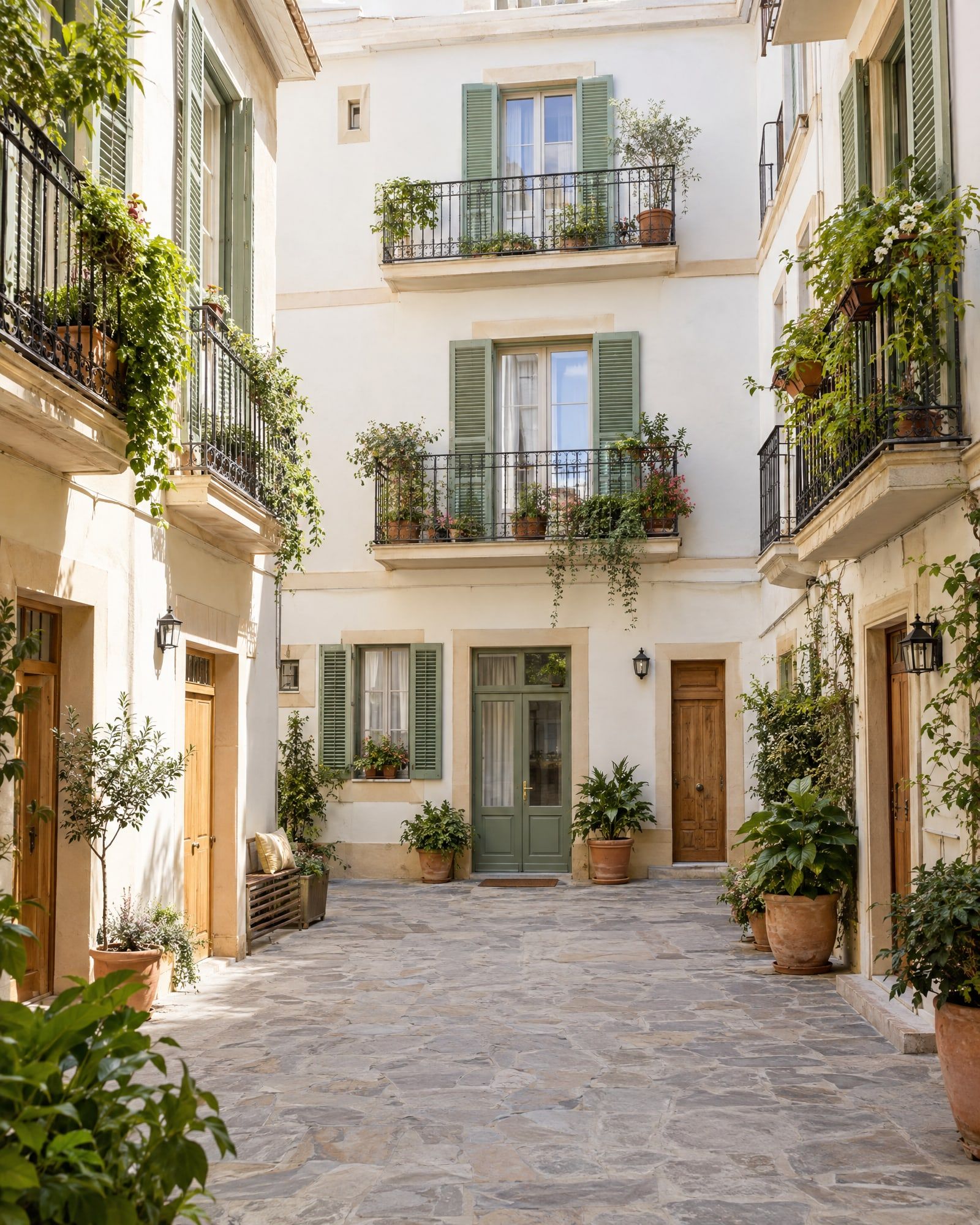 Patio interior de un edificio de viviendas con contraventanas verde salvia y macetas
