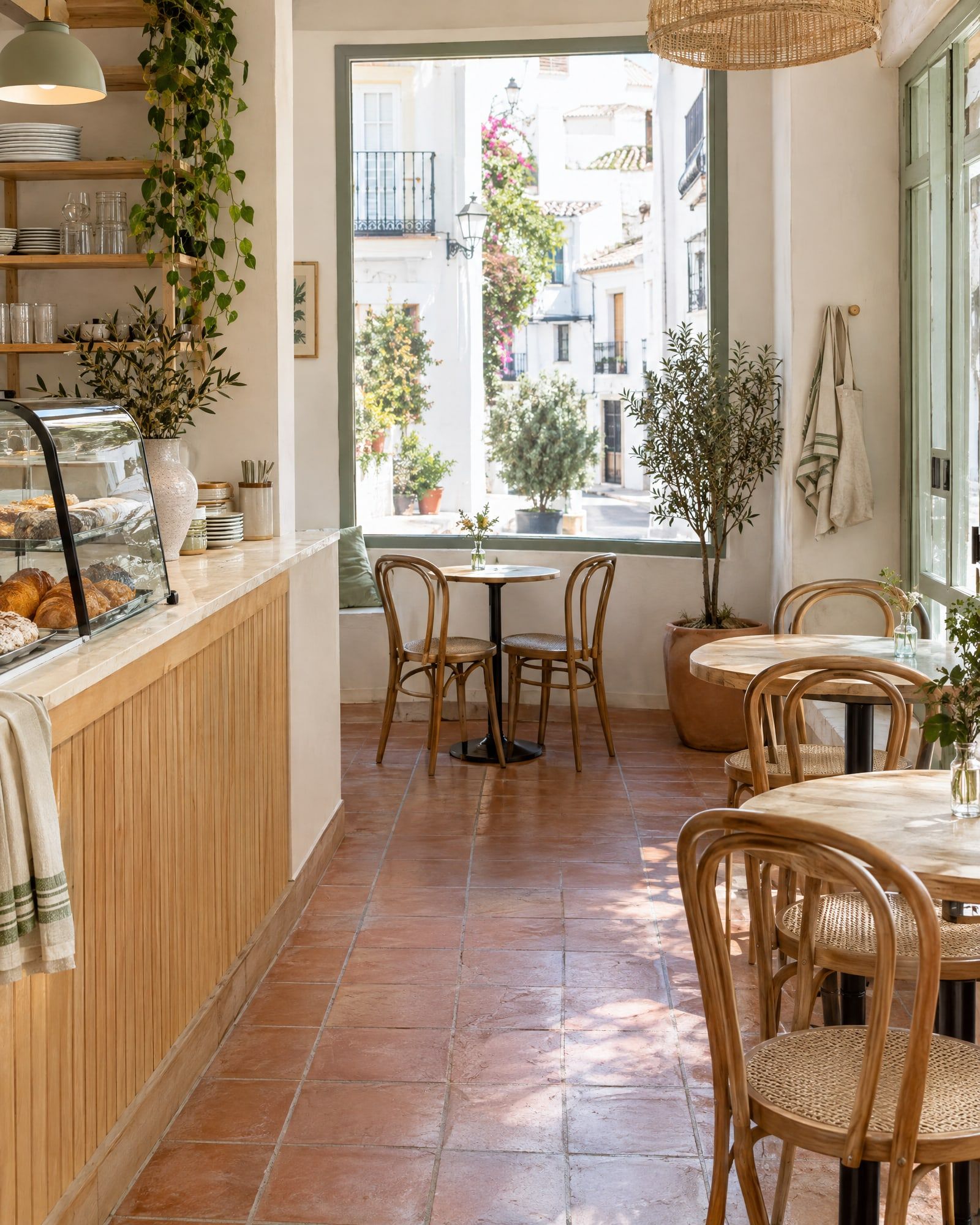 Cafetería luminosa a pie de calle con suelo de barro cocido y sillas de madera