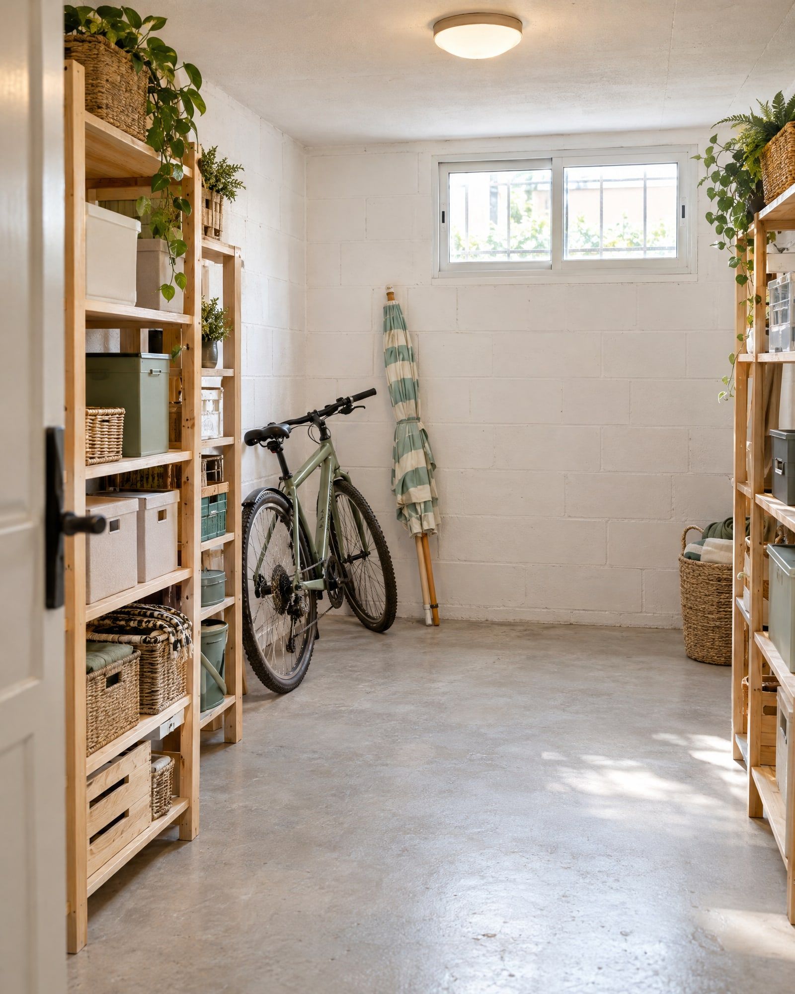 Trastero ordenado con estanterías, cajas, cestas y una bicicleta