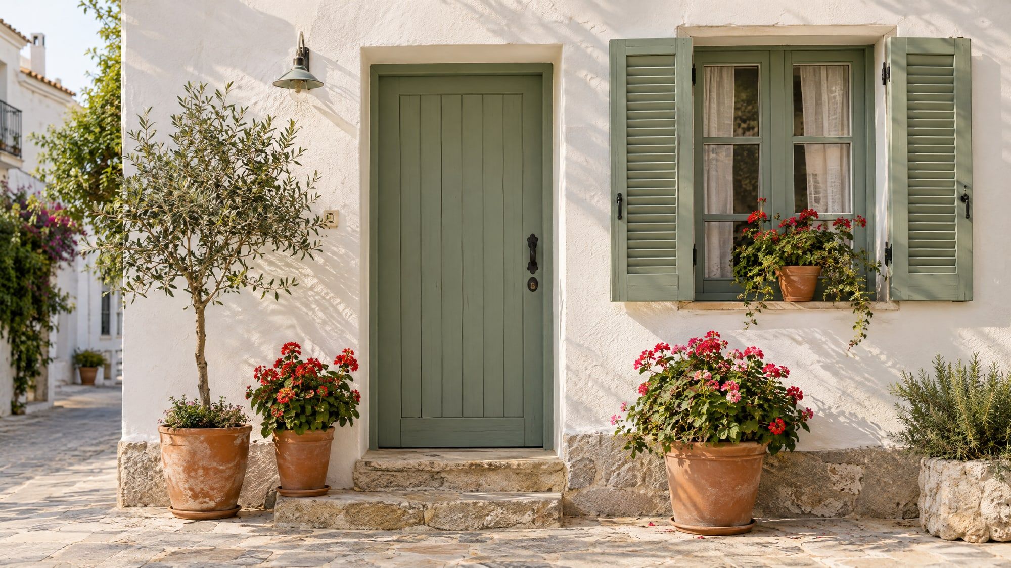 Fachada encalada de una casa de planta baja con puerta y contraventanas verde salvia