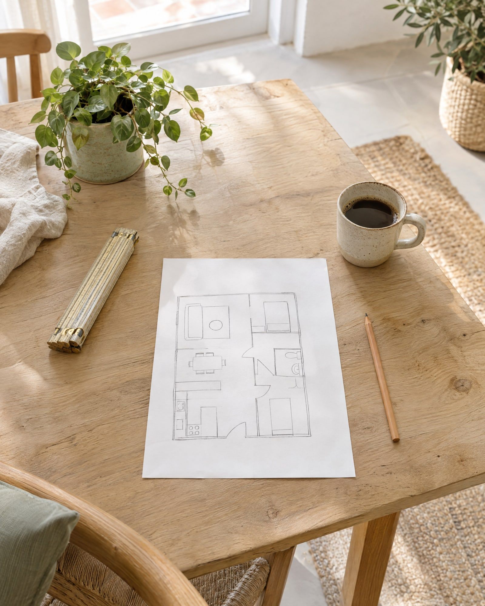 Croquis de la planta de una vivienda sobre una mesa de madera, con un lápiz y un metro