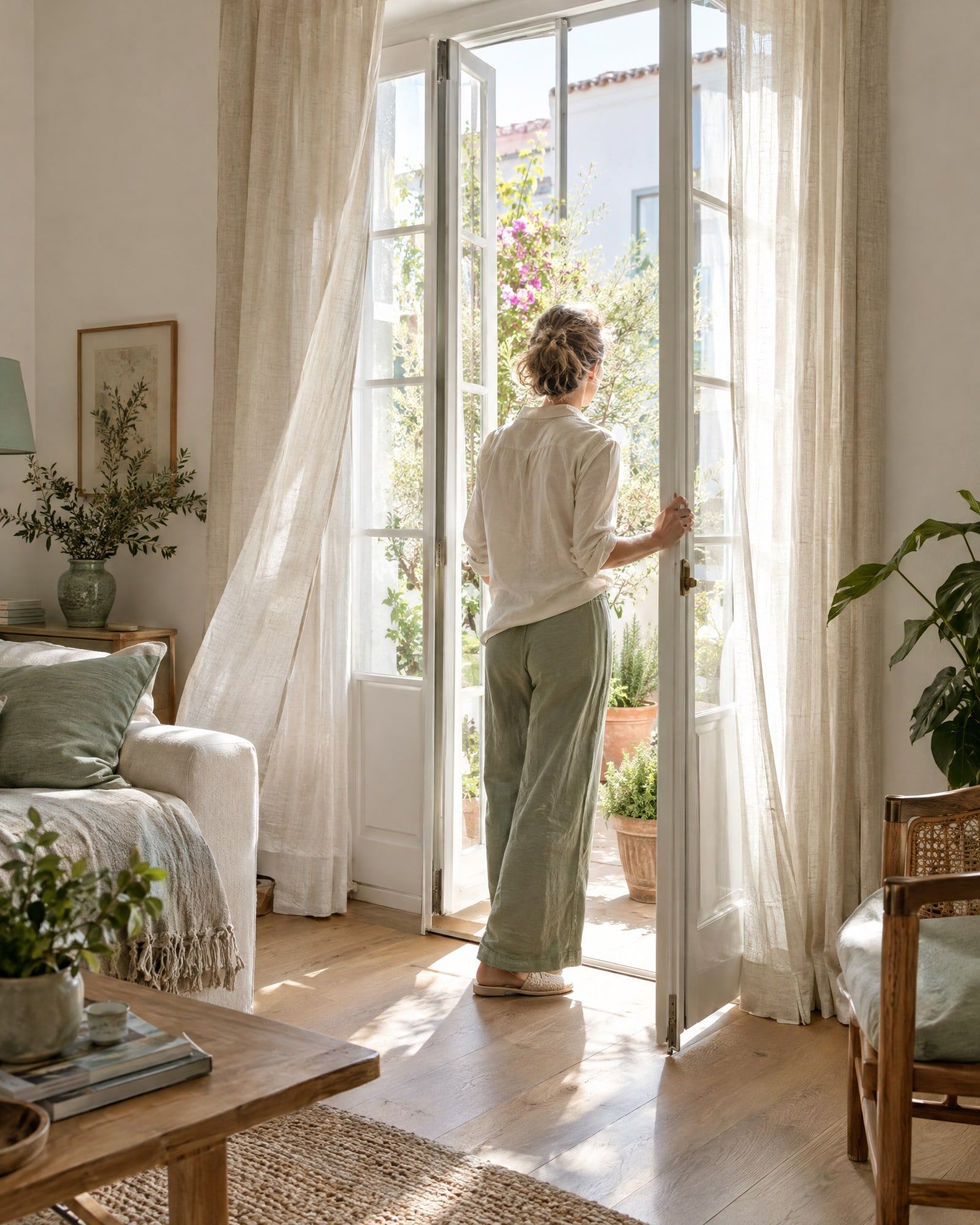 Persona abriendo los ventanales de un salón luminoso a un patio con plantas