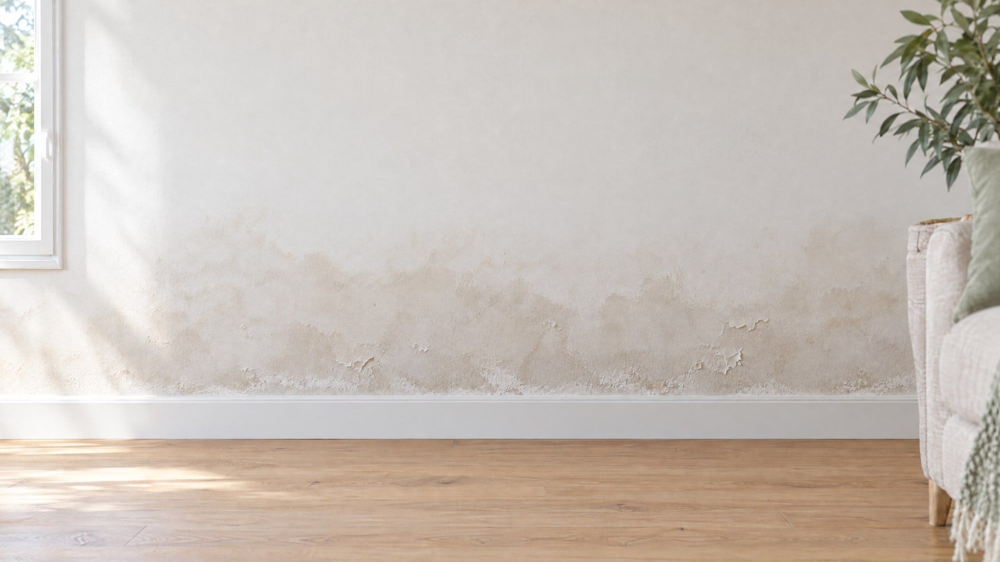 Parte baja de un muro con manchas de humedad ascendente, salitre y pintura abombada sobre el zócalo