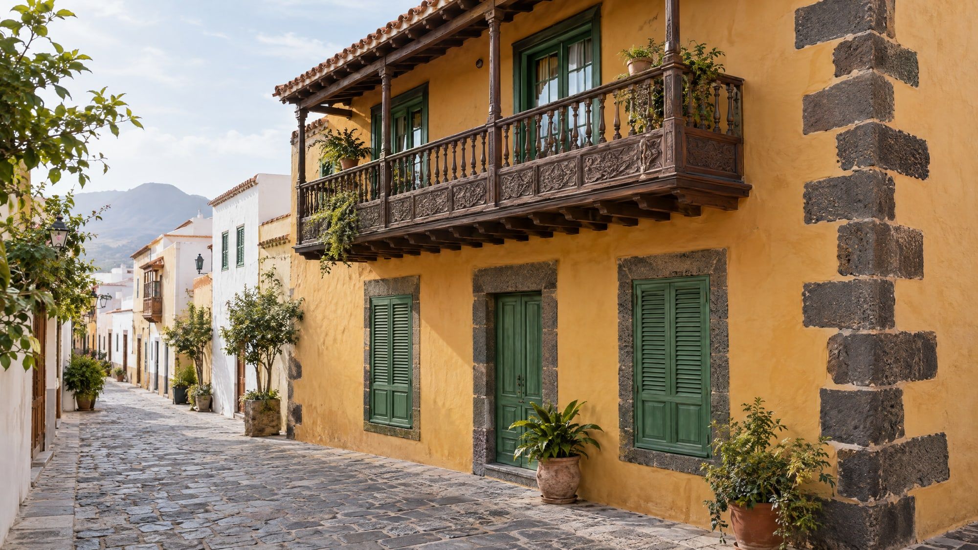 Casa tradicional canaria con balcón de madera y fachada de color