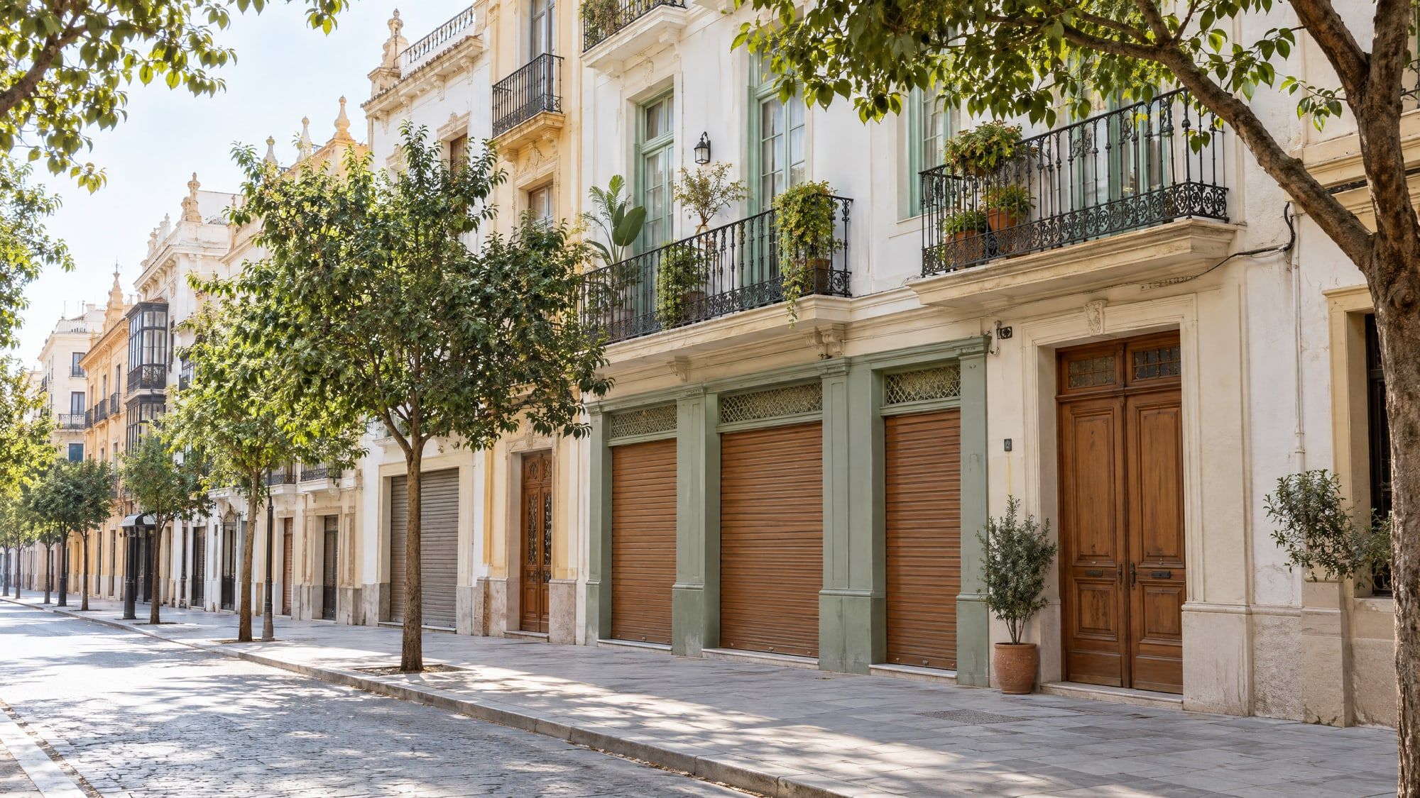 Calle residencial de una ciudad con bajos comerciales y balcones de forja