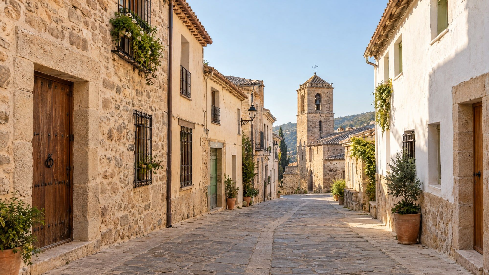 Calle de un pueblo del interior con casas de piedra y puertas de madera