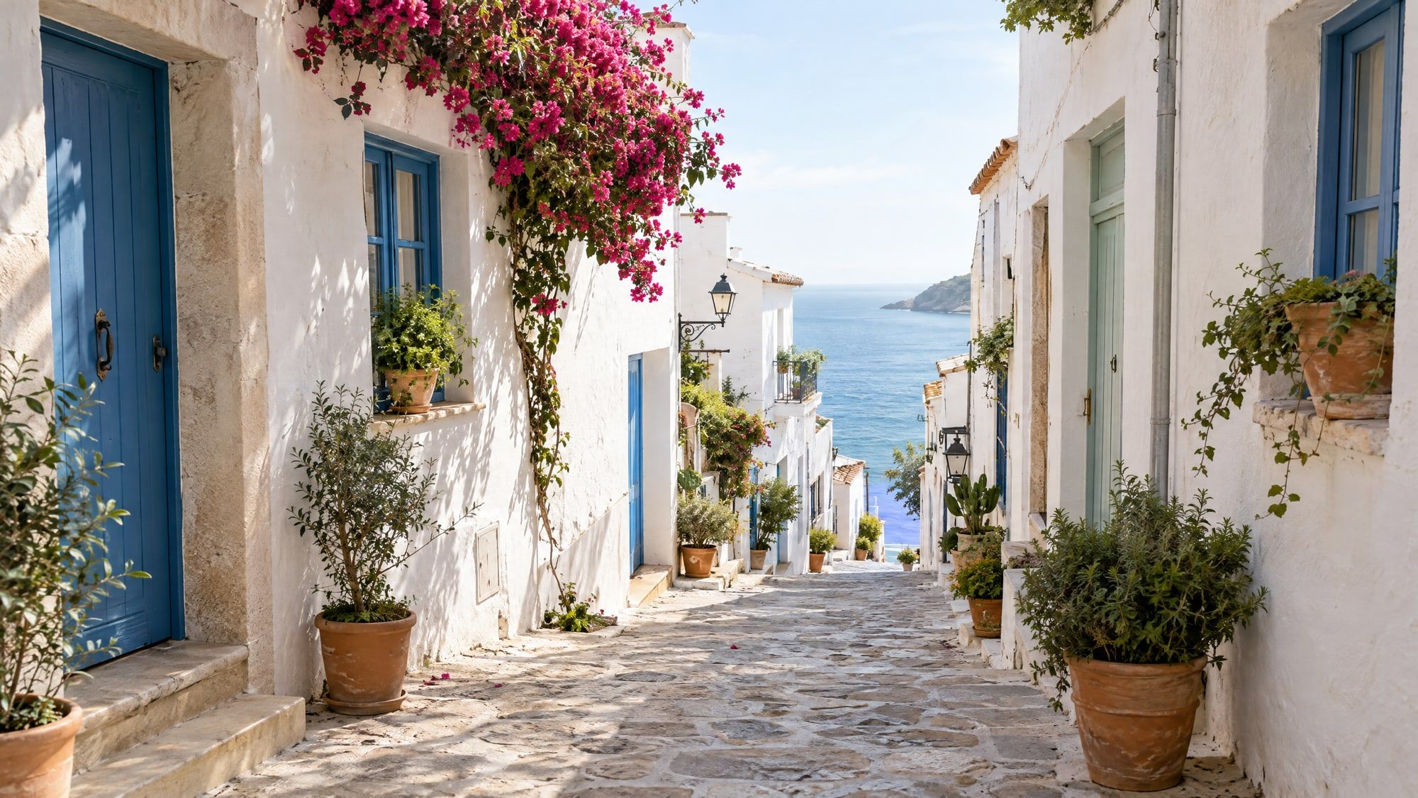 Calle encalada de un pueblo mediterráneo cerca del mar