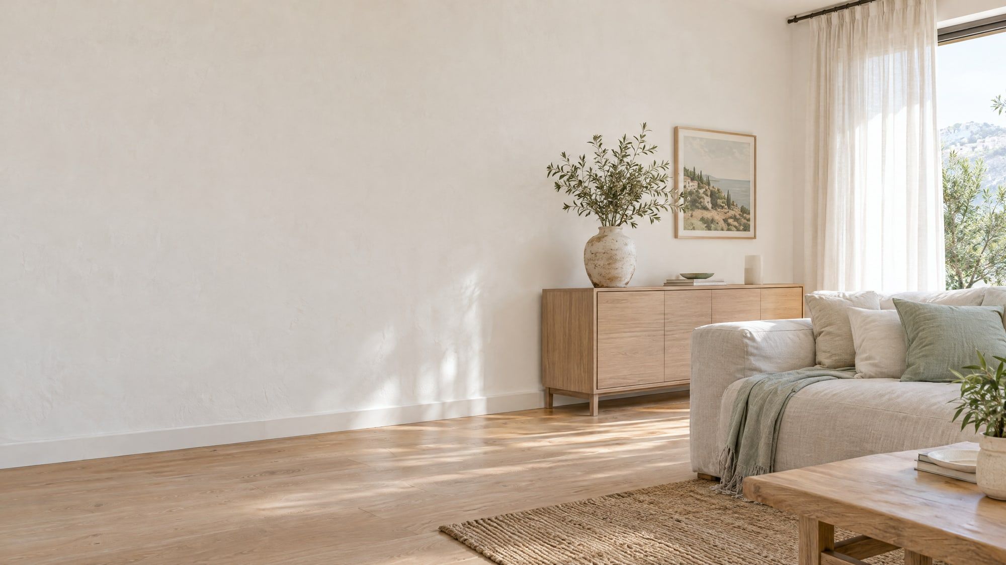Salón mediterráneo luminoso con una pared blanca y su zócalo, un sofá de lino y un aparador de roble