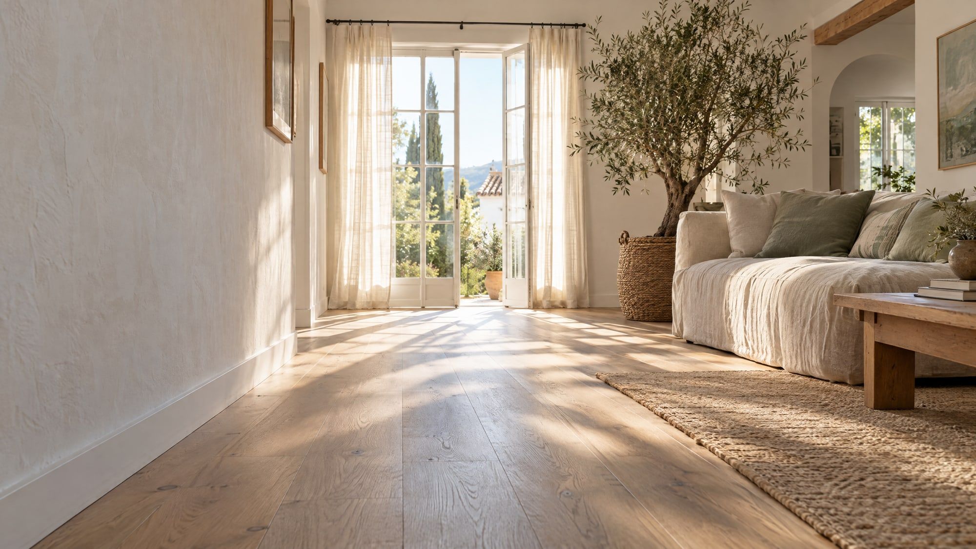 Salón luminoso de una planta baja con la luz de la mañana entrando por los ventanales