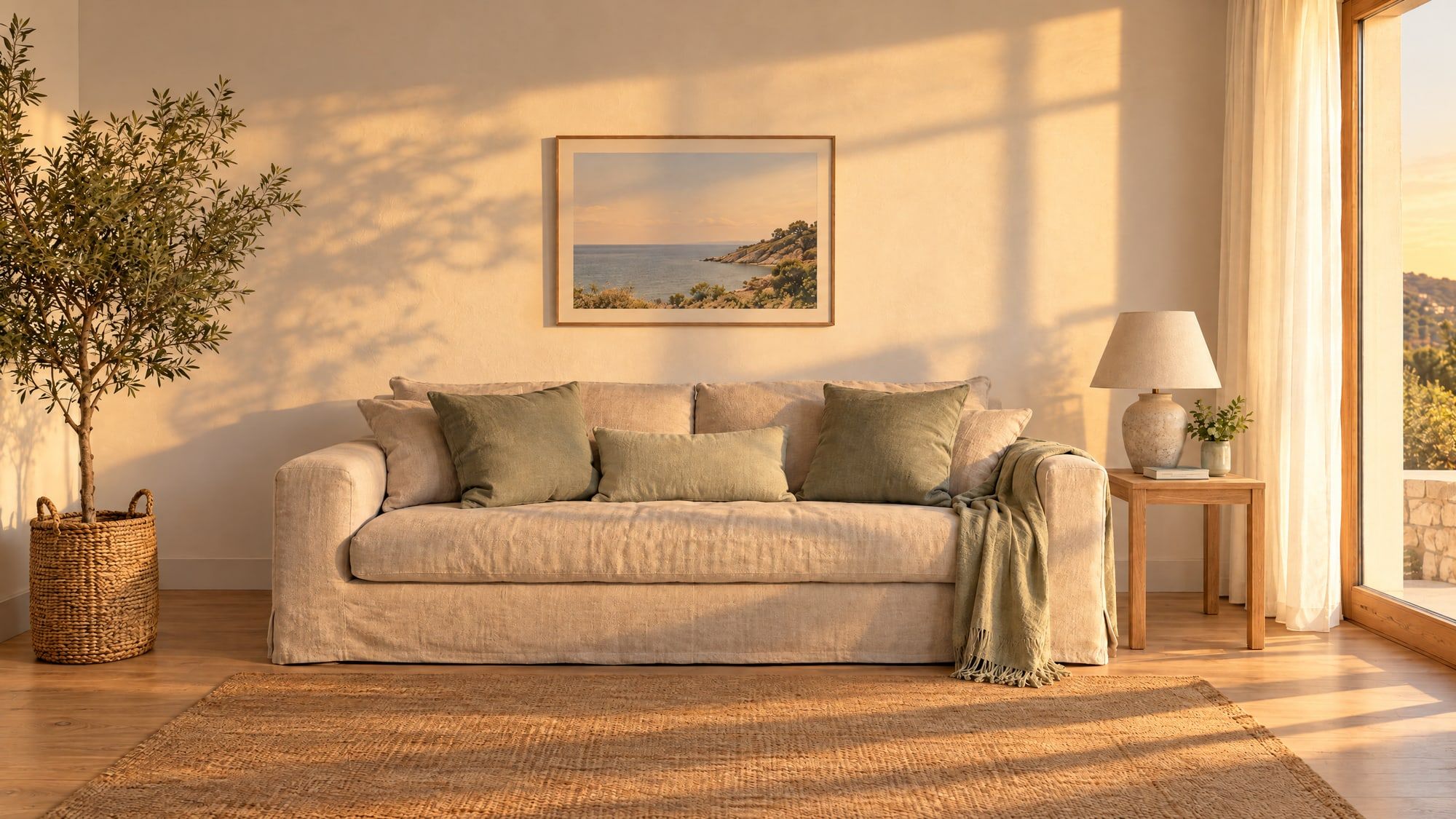 Salón mediterráneo con luz cálida de tarde