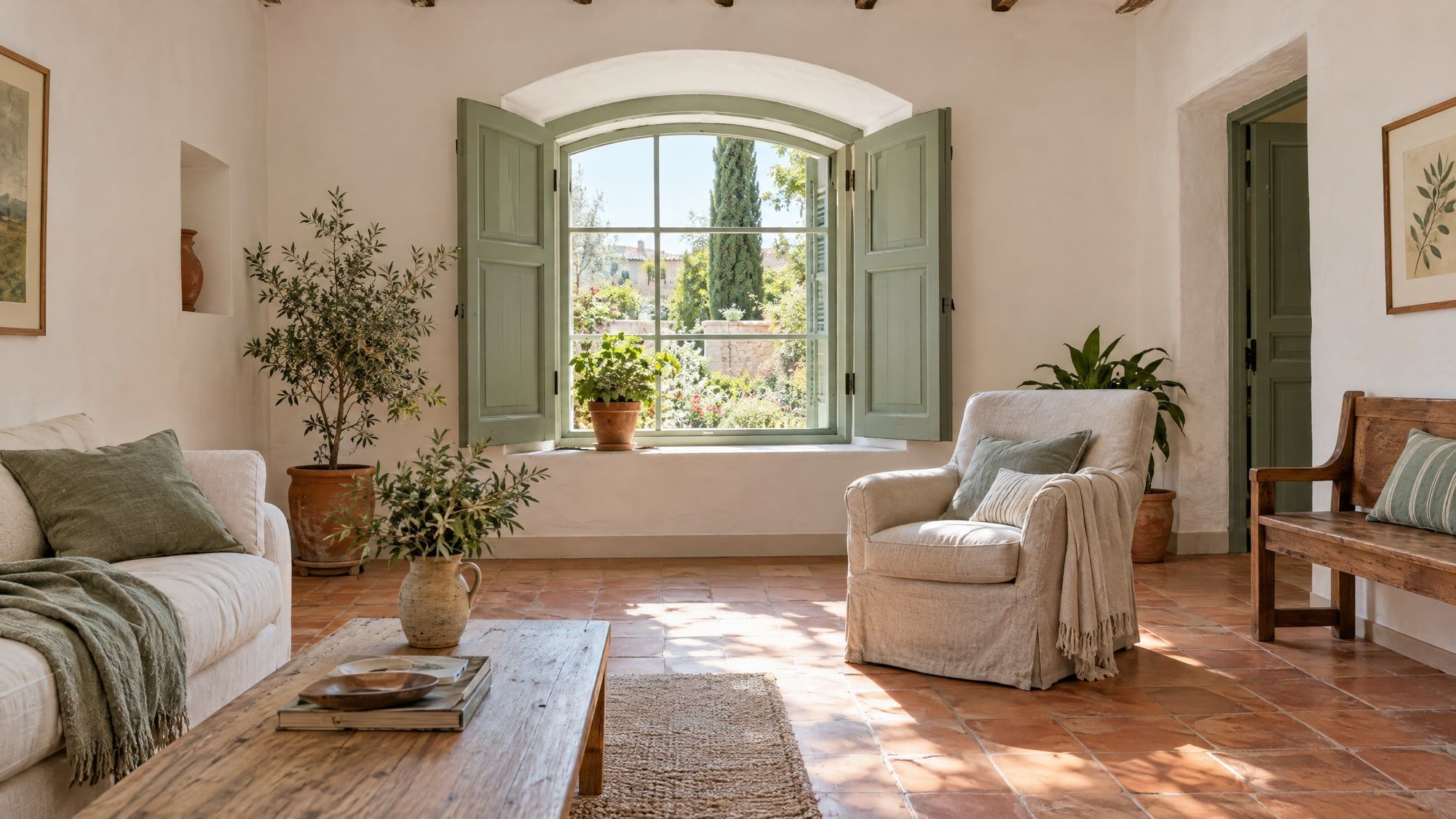 Salón de planta baja con suelo de barro, ventana en arco y contraventanas verde salvia
